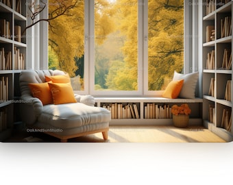Zoom background bookshelf | Window seat | Reading Corner | Bookcase | Autumn | Zoom Virtual Background | Cozy zoom background