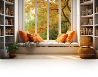 Zoom background bookshelf | Window seat | Reading Corner | Autumn | Fall atmosphere | Zoom Virtual Background | Cozy zoom background