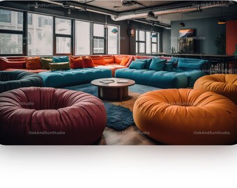 2 backgrounds + 2 gifts | Colorful startup lounge and bean bags | Suitable for Zoom, WebEx, Google Meet | Digital