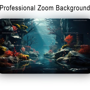 May include: A digital illustration of an underwater scene with coral and rocks. The image is labeled "Professional Zoom Background" at the top. The scene features a dark blue water with light rays shining through. The image is branded with the name "OakAndSunStudio".