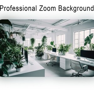 May include: A modern office space with white walls and large windows. The room is decorated with many plants and features a long white desk with multiple computers and chairs.