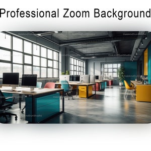 May include: A modern office space with large windows, exposed brick walls, and colorful furniture. There are several desks with computers and chairs, as well as plants and other decor. The space is bright and airy, with a contemporary feel.