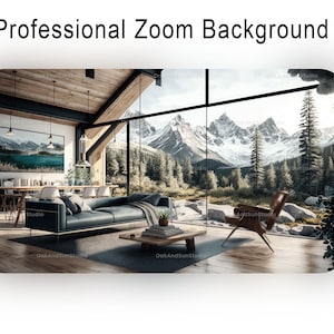 May include: A modern living room with a large window overlooking a mountain range. The room features a black leather sofa, wooden furniture, and a painting. The text "Professional Zoom Background" is at the top.