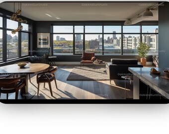 2 backgrounds + 2 gifts | Virtual backgrounds of New York style apartment with big city view office | Suitable for Zoom, WebEx, Google Meet