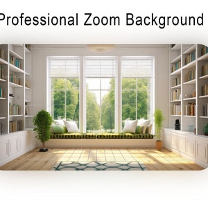 May include: A white room with a large window and a window seat. The window seat has green cushions and a white throw pillow. There are bookshelves on either side of the window. The room has a wooden floor and a rug.