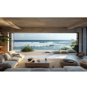 May include: A modern living room with large windows overlooking a beach and ocean. The room is furnished with a white sectional sofa, a wooden coffee table, and several throw pillows. The windows are open, allowing the natural light to flood the room.
