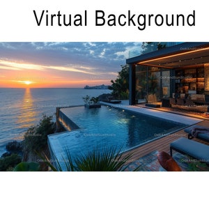 Puede incluir: Imagen de fondo virtual que presenta un espacio exterior de lujo con piscina y vista al mar al atardecer. La imagen incluye una casa moderna con paredes de cristal, una terraza de madera y tumbonas. El texto "Virtual Background" está en la parte superior.