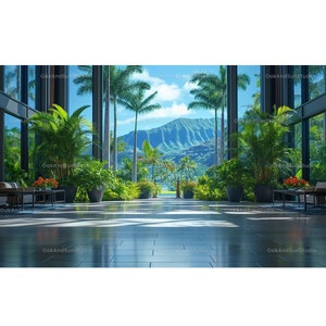 May include: A view of a tropical mountain range through large windows in a modern hotel lobby. The lobby has a tiled floor and potted plants.
