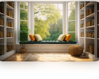 Zoom background bookshelf | Window seat | Reading Corner | Bookcase | Autumn | Zoom Virtual Background | Cozy zoom background