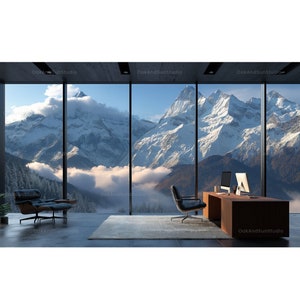 May include: A modern office space with a large window overlooking a snowy mountain range. A black leather office chair sits in front of a wooden desk with two computer monitors. A black leather armchair is in the foreground.