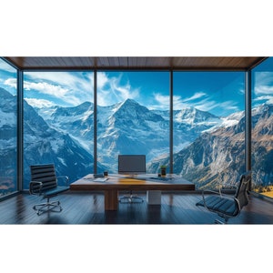 May include: A modern office space with a large window overlooking a mountain range. A wooden desk with a black computer monitor and two black office chairs are in the room.