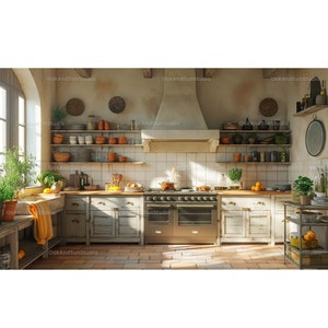 May include: A rustic kitchen with white cabinets, a large range oven, and open shelves filled with dishes and cookware. The kitchen has a warm, inviting atmosphere with natural light streaming in from the window.