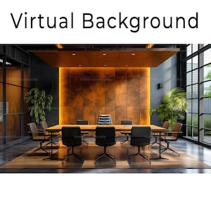 May include: A virtual background image of a modern office conference room with a large wooden table and black chairs. The wall behind the table is a warm orange colour with a textured finish. There are large windows on the right side of the image, and a potted plant in the corner.