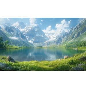 May include: A serene landscape featuring a tranquil lake surrounded by lush green meadows and towering, snow-capped mountains under a bright blue sky with fluffy white clouds. The water reflects the mountains and sky.