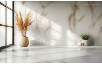 Virtual background of white marble wall and dried flowers bouquet | Suitable for Zoom, Google Meet, Microsoft Teams