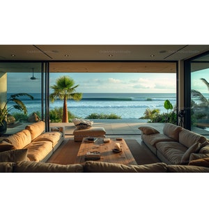 May include: A luxurious living room with a view of the ocean. The room features a large beige sectional sofa, a wooden coffee table, and floor-to-ceiling glass doors that open to a patio and the sea. Palm trees and plants are visible.