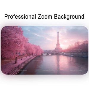 May include: A digital background featuring the Eiffel Tower in Paris, France, at sunset. The image shows pink cherry blossom trees lining the riverbank, with the tower reflected in the water. Text at the top reads "Professional Zoom Background."