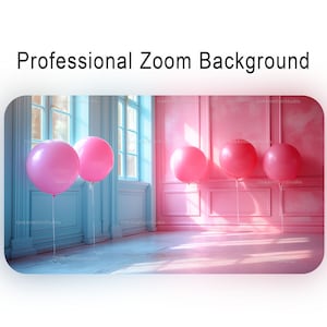 May include: A pink room with white trim and three pink balloons. The room has a large window with blue curtains. The balloons are floating in the middle of the room.