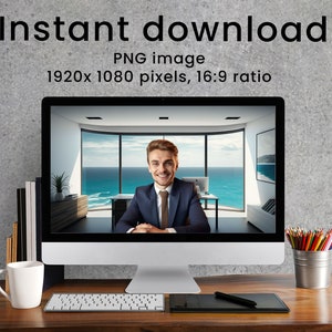 May include: A computer screen displaying a video call with a man in a suit and tie. The background of the video call is a modern office with a large window overlooking the ocean. The computer is on a wooden desk with a white mug, a keyboard, a drawing tablet, and a pencil holder with colored pencils.