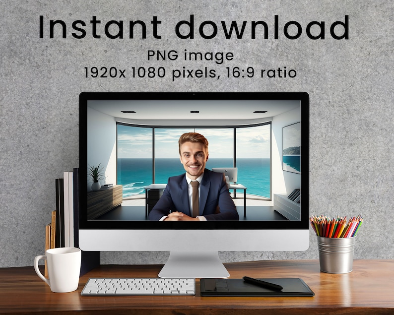 May include: A computer screen displaying a video call with a man in a suit and tie. The background of the video call is a modern office with a large window overlooking the ocean. The computer is on a wooden desk with a white mug, a keyboard, a drawing tablet, and a pencil holder with colored pencils.