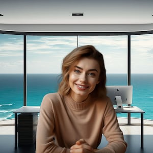 May include: A woman with long blonde hair smiles at the camera while sitting in front of a large window with an ocean view. She is wearing a light brown sweater.