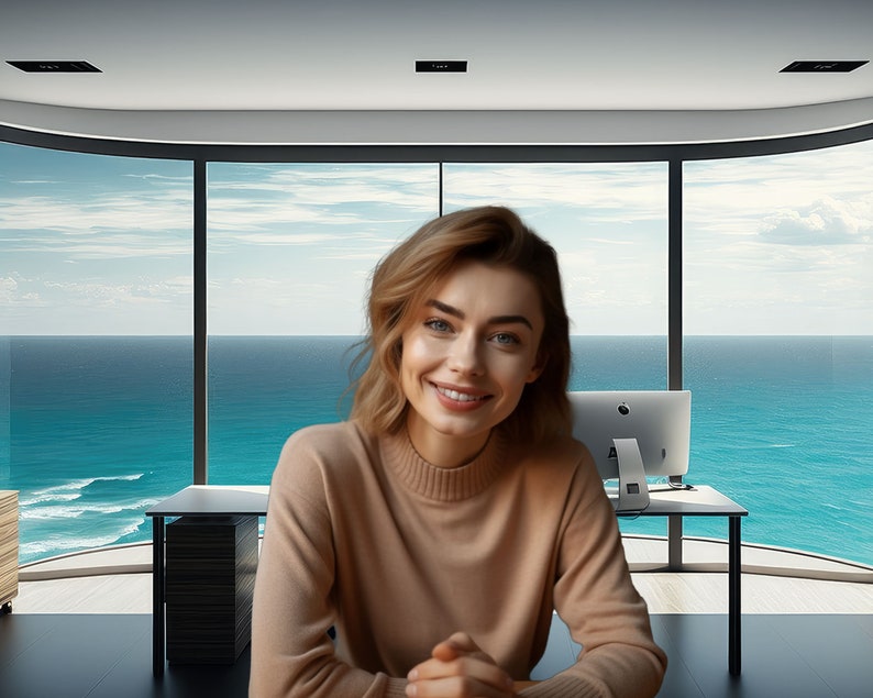 May include: A woman with long blonde hair smiles at the camera while sitting in front of a large window with an ocean view. She is wearing a light brown sweater.