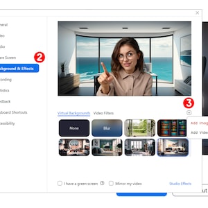 May include: A screenshot of a computer screen showing a video conferencing application with a menu on the left side and a video preview on the right. The menu includes options for general settings, video, audio, share screen, background and effects, recording, statistics, feedback, keyboard shortcuts, and accessibility. The video preview shows a woman in front of a virtual background of an office with a view of the ocean. The video preview also includes options for adding an image or video to the background.