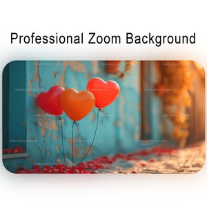 May include: Three heart-shaped balloons in red and orange colors are tied together and floating in front of a blue wall with peeling paint. The balloons are in focus, while the background is blurred. There are red flower petals scattered on the ground.