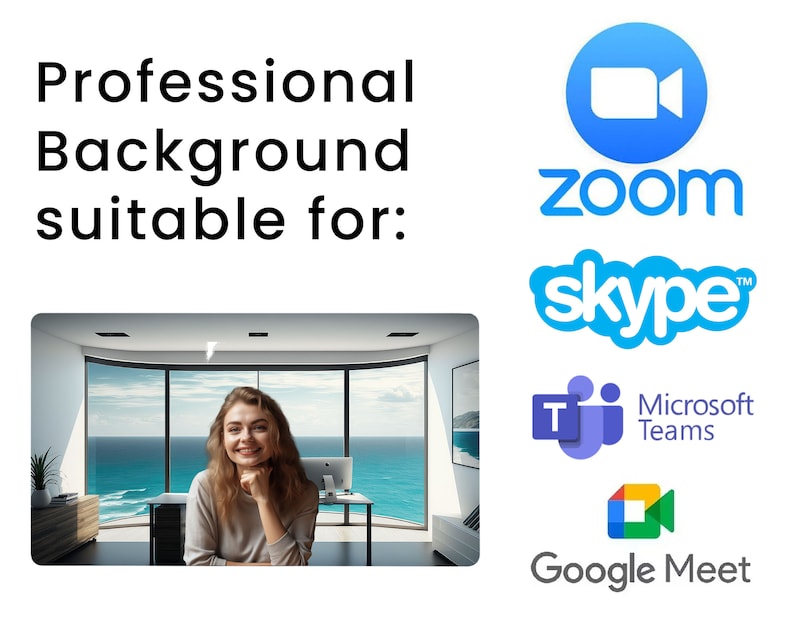 May include: A professional background image featuring a modern office with a large window overlooking a blue ocean. The image is suitable for use with Zoom, Skype, Microsoft Teams, and Google Meet.