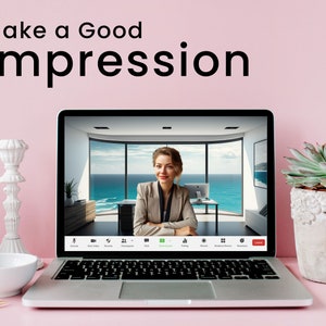 May include: A woman on a video call on a laptop computer. The woman is wearing a blazer and is sitting in an office with a view of the ocean. The laptop screen shows a video call interface with buttons for mute, video, participants, chat, and more.