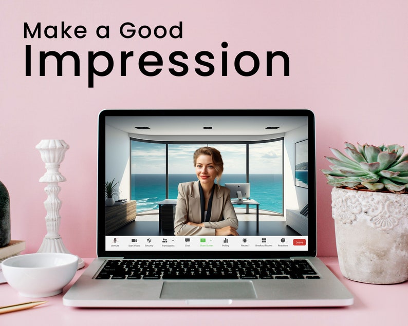 May include: A woman on a video call on a laptop computer. The woman is wearing a blazer and is sitting in an office with a view of the ocean. The laptop screen shows a video call interface with buttons for mute, video, participants, chat, and more.
