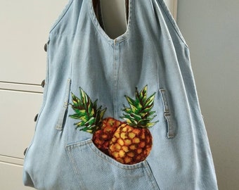 Large Jeans Handbag, Tropicana Jeans Bag, Recycled Jeans Bag, Jeans Beautiful Handbag, Large Jeans Bag, Large Summer Bag