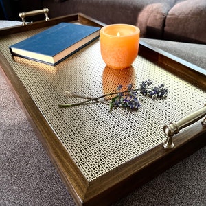 Dark Walnut Wood Tray with Gold-Champaign Bronze Metal Inlay • Ottoman Board • Elegant Serving Platter with Gold  Handles • Breakfast Tray