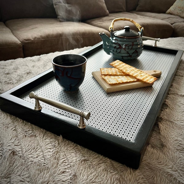 Black Wood Tray with Silver Metal Inlay • Ottoman Board • Elegant Serving Platter with Silver Handles • Breakfast Tray