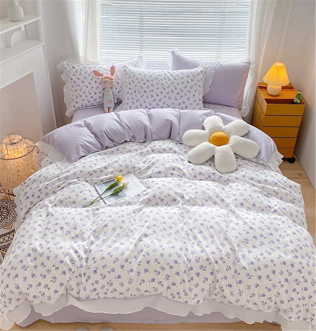 Purple Floral Cotton Duvet Cover Set Princess Ruffled Bedding Set