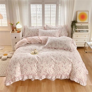 Pink Floral 100% Cotton Duvet Cover Set-french Floral Gentle Ruffle ...