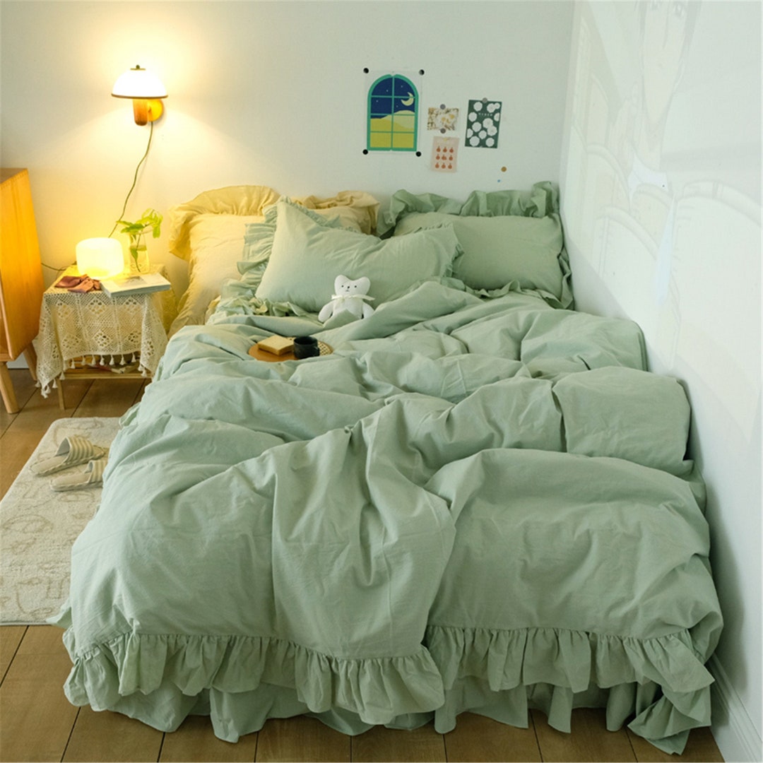 Fresh Green Korean Princess Style Ruffle 100% Cotton Duvet Cover Set- Cottagecore Bedding- Twin Full Queen King Duvet Cover Set- Aesthetic