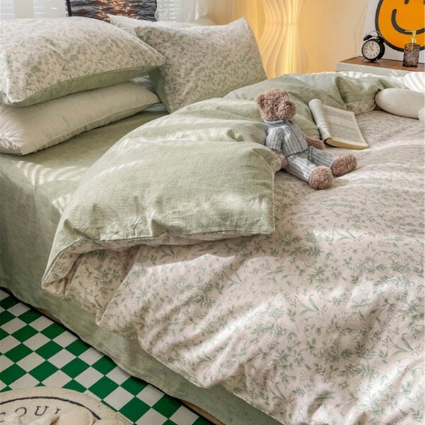 Light Sage Green 100% Cotton Duvet Cover-Grassy Floral Duvet Cover-Cottagecore Bedding Decor-Twin Full Queen King Comforter With Pillowcases