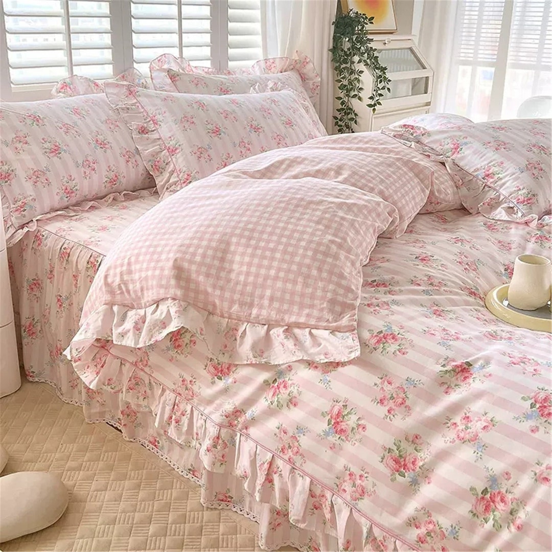 Pink Floral 100 Cotton Ruffle Duvet Cover Setkorean Princess Duvet