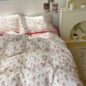 Fresh Pink Floral 100% Cotton Duvet Cover Set, Cottagecore Decor, Twin ...