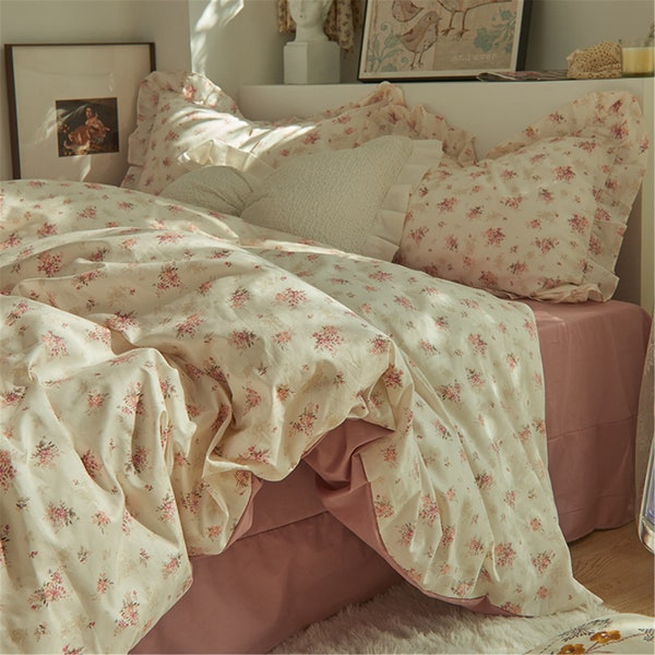 French Retro Pink Floral 100% Cotton Duvet Cover Set- Princess Ruffle Bedding- Cottagecore Decor- Twin Full Queen King Duvet Cover- Gift