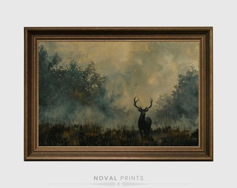 Rustic Deer Painting, Vintage Print, Landscape Painting Cabin Decor, Deer, Hunting Print, Deer Wall Art