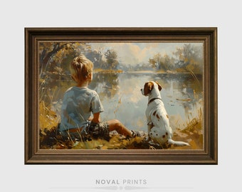 May include: Framed artwork depicting a boy and a dog sitting by a lake. The boy, in a light blue shirt, sits with his back to the viewer. The dog, white with brown spots, sits beside him. The artwork is framed in a dark brown frame. The text "NOVAL PRINTS" is at the bottom.