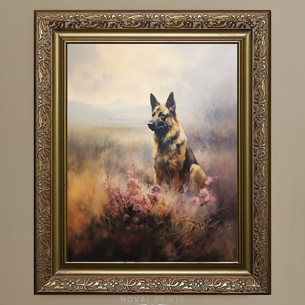 German Shepherd Art Print, Gift for Dog Lover, Dog Breed Art Painting, Trendy Wall Art Decor, Meadow Field Illustration Landscape, Dog Art