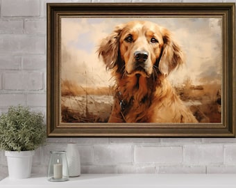 Golden Retriever-målning, digitalt utskrivbar hund, vintage hundväggkonst, bondgårdsdekor, djurporträttväggkonst, vintage husdjursheminredning