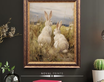 Konijntjes in een veld Art Print, vintage Pasen kunst aan de muur, lente artwork, konijn vintage schilderij, vintage Bunny Art Paint