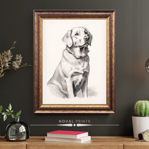 Pencil Draw Dog Portrait Vintage Sketch Wall Art, Yellow Labrador Retriever Print, Hunting Dog Illustration Print Nursery Wall Art Decor