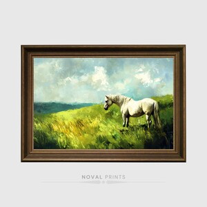 White Horse Running Landscape Oil Painting Wall Art Digital Portrait, Vintage Horse Print, Farmhouse Wall Art, Horse Lover Gift, Horse Art