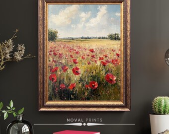Blomfält, Cottagecore konsttryck, impressionistisk målningaffisch, Light Academia konsttryck, lägenhetsinredning, blommig stugkärndekor