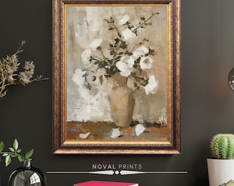 Neutralny obraz olejny martwej natury, sztuka białego wazonu z kwiatami, wydruk botaniczny, sztuka kwiatowa, malarstwo kwiatowe, malarstwo kwiatowe, sztuka ścienna w stylu vintage